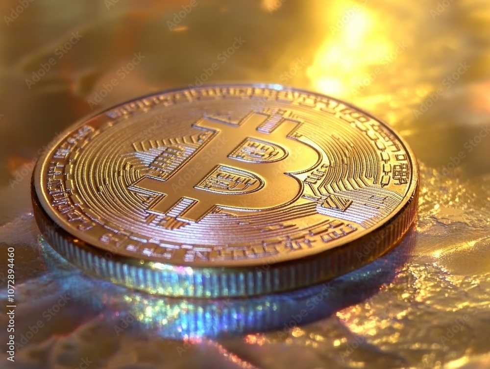 Poster close-up of bitcoin coin on reflective surface with warm lighting