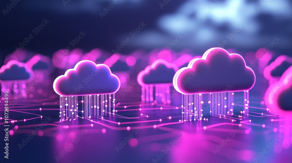Poster multiple cloud icons interconnected within a secure network, visualized by glowing lines and nodes, 