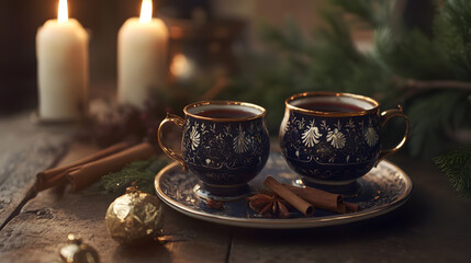 Fototapeta premium Mulled wine served in vintage cups with cinnamon and nutmeg.