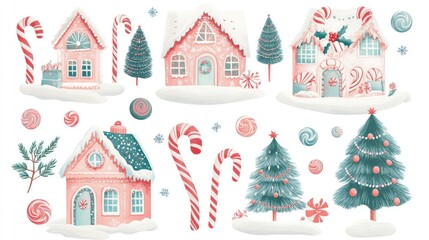 Design for sticker Gingerbread houses and candy canes illustration, Collection of Christmas on white background