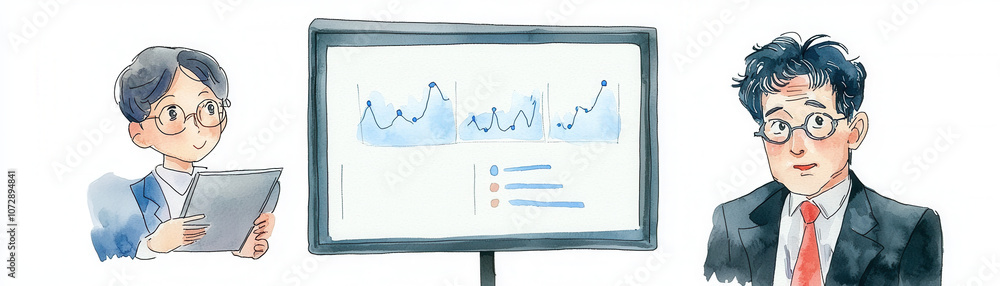 Poster two professionals discuss data trends during a presentation, with one using a tablet and the other o