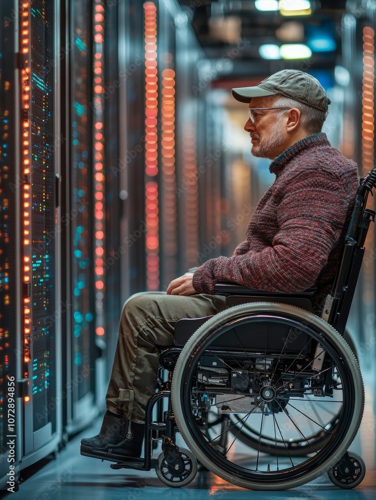 Poster Wheelchair User in High-Tech Server Room Inclusivity in Cybersecurity Visualized
