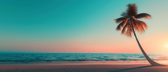 Serene beach with a lone palm tree at sunset.