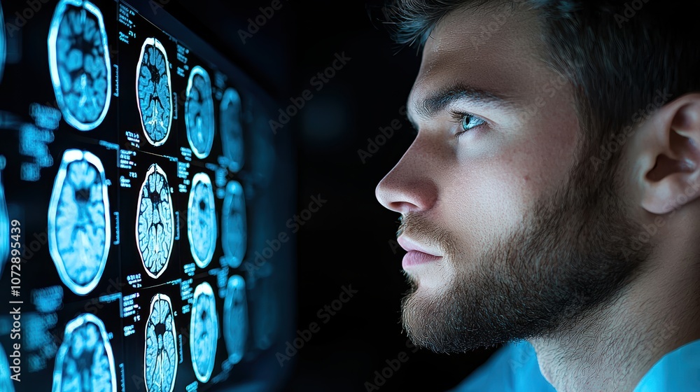 Poster a scientist examining an x ray image on a computer screen in a laboratory, signifying research and a