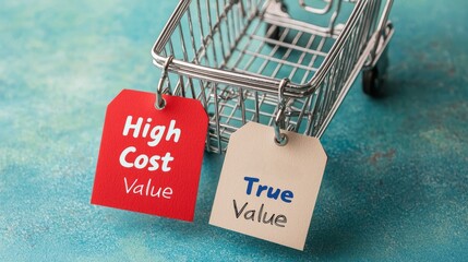 A shopping cart displays tags labeled "High Cost Value" and "True Value," highlighting a comparison between price and perceived value in purchasing decisions.
