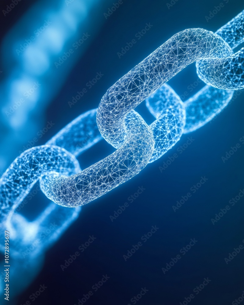 Poster Futuristic Blockchain Network with Digital Chains and Nodes in Blue Tones