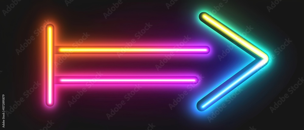 Poster a vibrant neon arrow design in various colors, pointing right against a dark background, creating a 