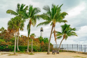 Fototapeta premium Beautiful cloudy morning at Cape Florida Lighthouse in Key Biscayne, Florida