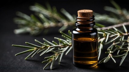 Aesthetic bottle of essential oil on a black silk background. Rosemary on the side.