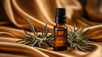 Aesthetic bottle of essential oil on a gold silk background. Rosemary on the side.