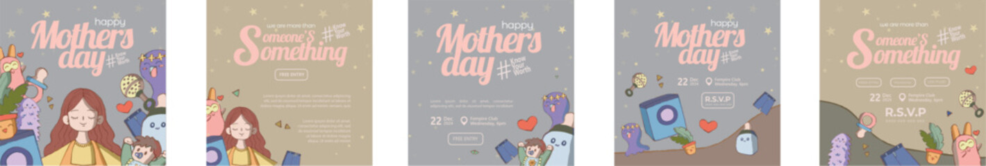 Instagram post template for a Mother event, using soft colors and adorable illustrations for a charming and engaging social media presence.