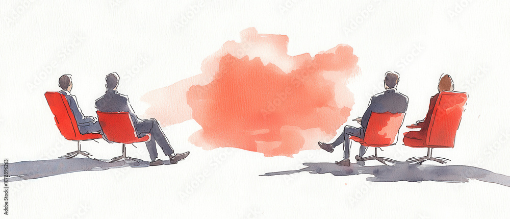 Poster four figures sit in red chairs, facing a vibrant splash of color, suggesting a dynamic conversation 