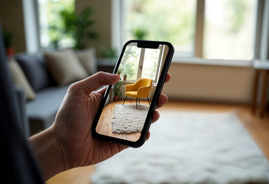 person hold a smartphone to do Virtual reality, Augmented Reality, online shopping, future, shop from home