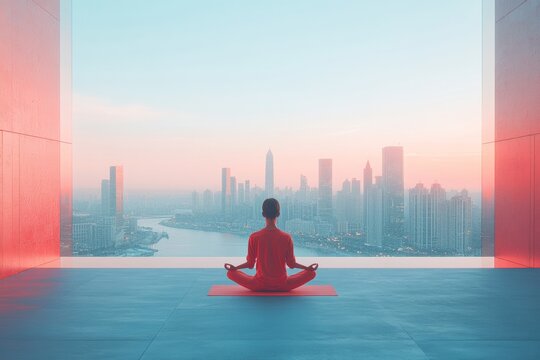 Mindful Urban Yoga Non-binary Serenity on a Rooftop with Cityscape at Dusk