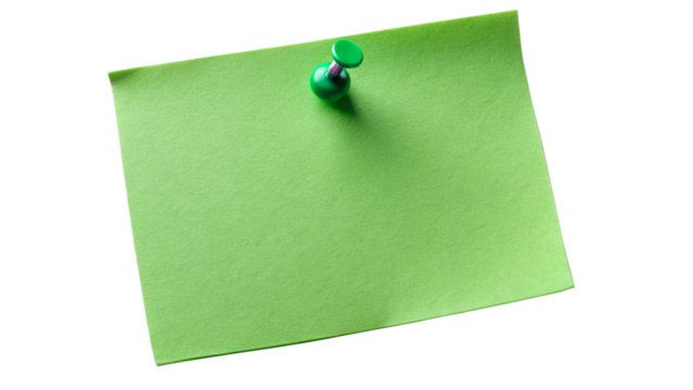 Blank green paper note with push pin isolated on transparent background