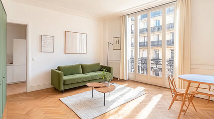 Fototapeta premium A bright and airy living room featuring green sofa, wooden coffee table, and dining area with chairs. Large windows allow natural light to fill space, enhancing its inviting atmosphere
