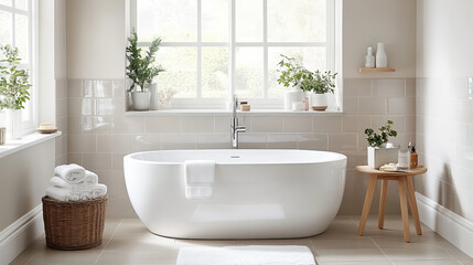 Fototapeta premium A modern bathroom featuring sleek freestanding bathtub, natural light streaming through large windows, and greenery enhancing serene atmosphere. space is elegantly styled with soft towels and minimal