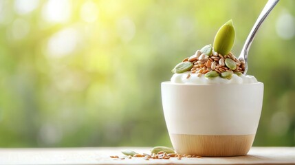 A close up shot of a spoon digging into a bowl of yogurt topped with a mix of pumpkin seeds, sunflower seeds, and flaxseeds, emphasizing the nutritional value of seeds.