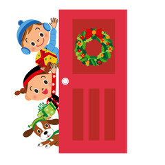 クリスマスのリースが家のドアにあって子供達が迎えるシーン