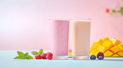 Two glasses of yogurt smoothies in different flavors one with berries and another with mango placed on a table with a colorful tablecloth, setting a cheerful breakfast scene.