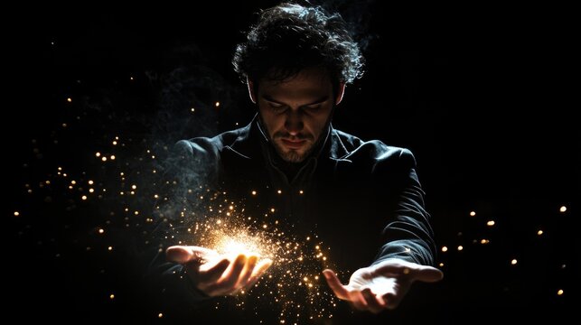 Powerful magician man shows tricks with energy. Wizard casts magical spells with hands, creates a ball. Strong sorcerer controls magic. Witcher costume. Magician from kid fairytale. Mysterious ritual.