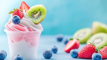 A clear plastic cup overflowing with swirls of frozen yogurt in different flavors, adorned with fresh fruit toppings like strawberries, blueberries, and kiwi slices, offering a refreshing and