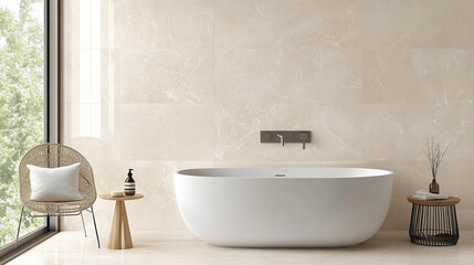 Fototapeta premium A modern bathroom featuring sleek freestanding bathtub, stylish furniture, and large windows that allow natural light to illuminate space. neutral tones create serene atmosphere