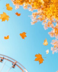 Vibrant Autumn Fair Falling Leaves and Ferris Wheel Under a Clear Sky