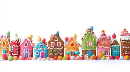 Gingerbread houses and candy, holiday sweets, vibrant colors, isolated on white background 