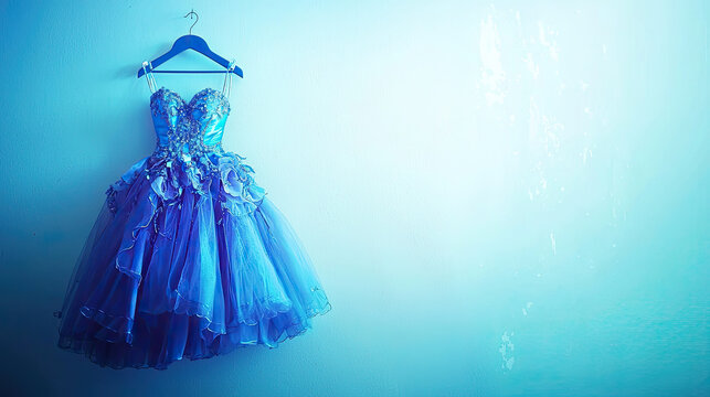Elegant blue dress hanging on wall, featuring intricate details and tulle skirt, perfect for special occasions and celebrations