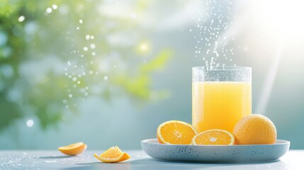 Naklejka premium A glass of freshly squeezed orange juice with condensation dripping down the sides, accompanied by a bowl of freshly sliced oranges.