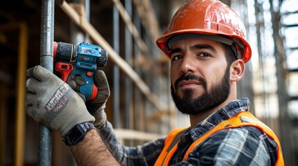 Close-up of a construction worker using a power drill while wearing a hard hat and safety vest scaffolding and partially constructed building visible behind