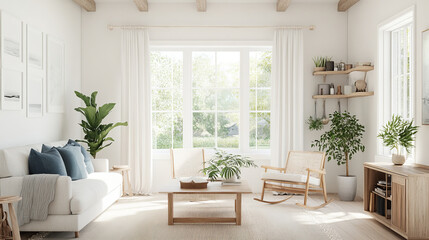 A bright and airy living room featuring white sofa adorned with blue cushions, wooden coffee table, and lush green plants. large windows allow natural light to flood space, creating serene atmosphere