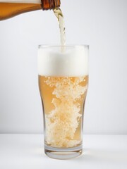 Pouring beer with frothy bubbles in pint glass creating wave curve shapes, bubble