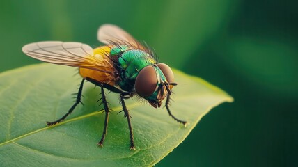 Fototapeta premium Macro Shot of Fly with Iridescent Body on Leaf Fly s metallic colors highlighted, contrasting dark green foliage