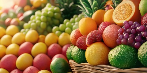 A vibrant display of assorted fresh fruits, featuring oranges, grapes, and apples, arranged in a basket, showcasing their rich colors and freshness.