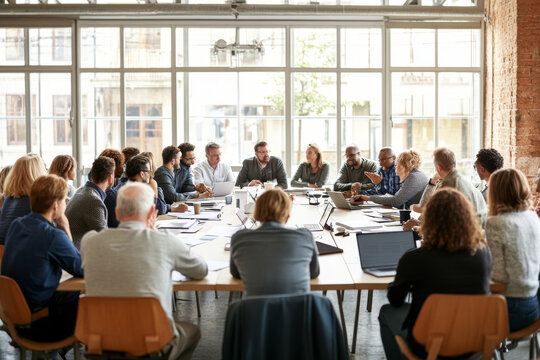 Collaborative meeting with diverse professionals engaged in discussion around large table, showcasing teamwork and communication in modern office setting