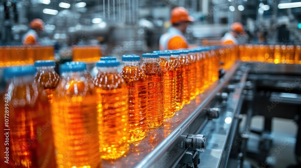 Poster factory workers bottling and labeling beverages in a modern food production plant automated machiner