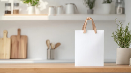 A minimalist white shopping bag with tan handles sits on wooden countertop, surrounded by bright kitchen setting. clean design and natural elements create serene atmosphere