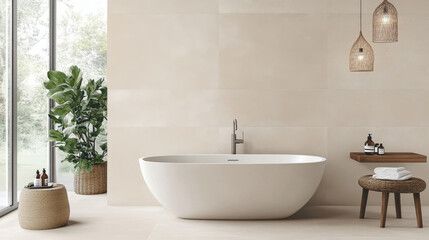 Fototapeta premium A modern bathroom featuring sleek white freestanding bathtub, natural light streaming through large windows, and stylish decor elements like potted plant and woven accessories