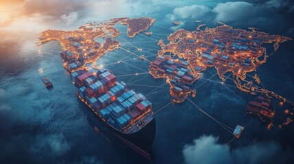 Global e-commerce logistics map displaying routes for international shipping products moving across borders via air, sea, and road to reach customers