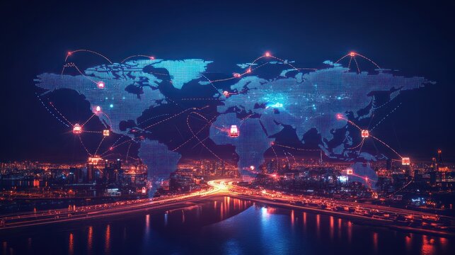 Global e-commerce logistics map displaying routes for international shipping products moving across borders via air, sea, and road to reach customers