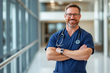 A confident male doctor in scrubs stands in modern hospital corridor, smiling warmly with arms crossed. His stethoscope adds professional touch to welcoming atmosphere