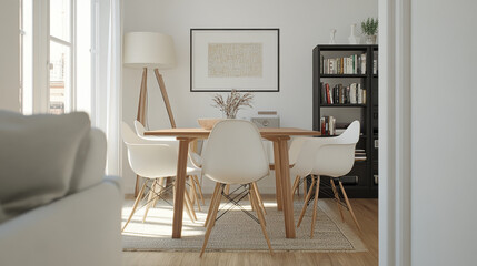 A modern dining room featuring wooden table surrounded by white chairs, stylish lamp, and bookshelf filled with books. bright space exudes cozy and inviting atmosphere