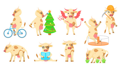 Set Abstract Collection Flat Cartoon Different Animal Cows Vector Design Style Elements Fauna Wildlife