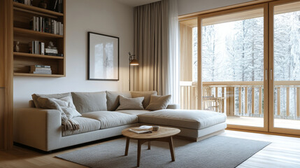 Fototapeta premium A cozy living room featuring light colored sectional sofa, wooden coffee table, and large windows showcasing snowy landscape. warm ambiance invites relaxation and comfort