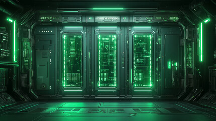 Obraz premium Futuristic server room interior with glowing green lights, advanced technology, and sleek industrial design