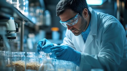 Quality control inspector in a food manufacturing plant checking product samples for consistency and freshness sterile environment with lab equipment nearby