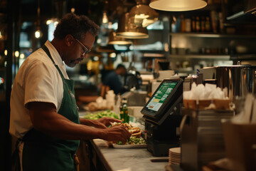 A chef prepares fresh dish in bustling restaurant kitchen, showcasing culinary skills and attention to detail. warm atmosphere enhances dining experience