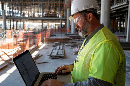 A construction worker in safety vest and hard hat is focused on his laptop at building site, surrounded by steel beams and construction materials. His concentration reflects importance of technology i